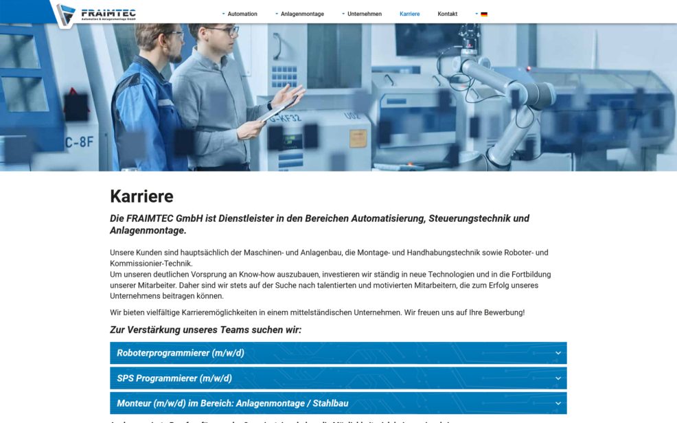 Webdesign und Programmierung für  FRAIMTEC GmbH 