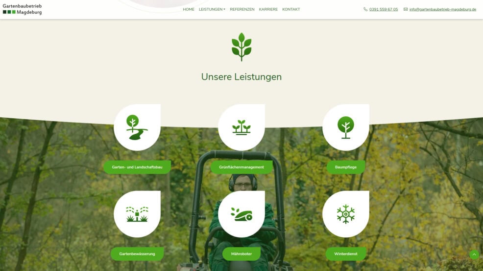 Unterseite der von uns designten Website für Gartenbaubetrieb Magdeburg mit Icons und Grafiken.