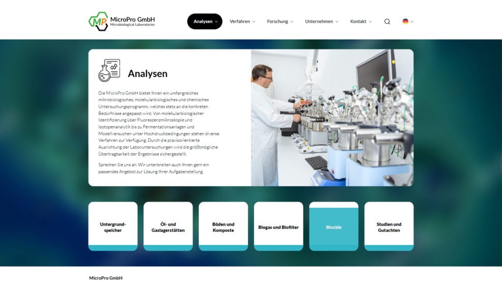Unterseite MicroPro zu Analysen mit vielen illustrierten Icons von unserer Werbeagentur